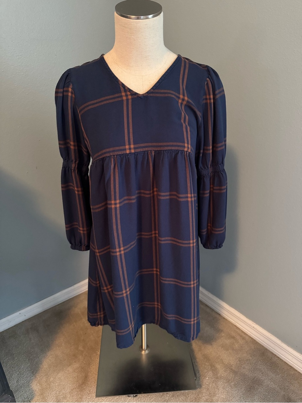 Matilda Jane Navy and Brown Plaid V-Neck Babydoll Dress